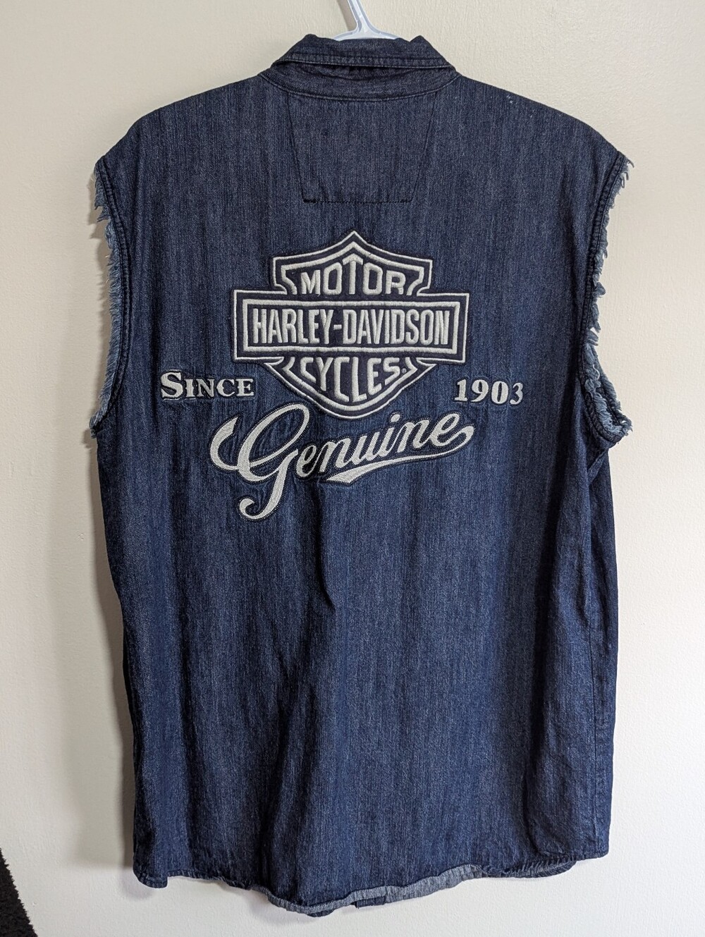 Harley-Davidson Dark Blue Denim Sleeveless Cut-Off Shirt Vest Mens Large